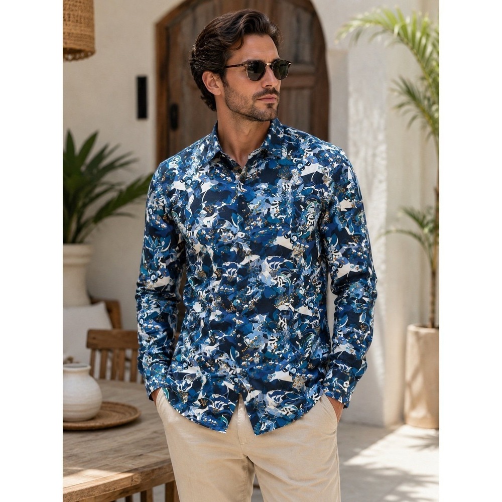 Kōlte Stretch Men's L Blue Floral Button Up Shirt Cotton Long Sleeve Casual